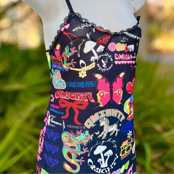 Omighty Logomania Black Mini Dress Size S Stretch Tattoo Sexy Sheer Straps Layer - Picture 9 of 17